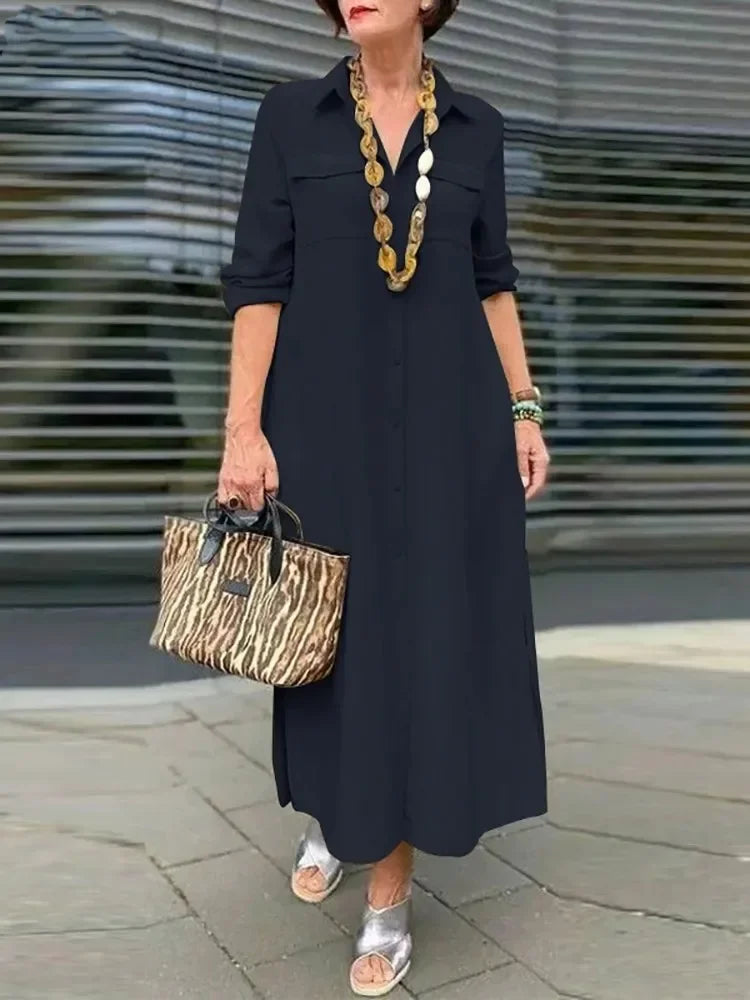 2024 Summer Fashion New Elegant Women's Loose Robe Style Flip Collar Single Breasted Solid Color Commuter Style Casual Dress