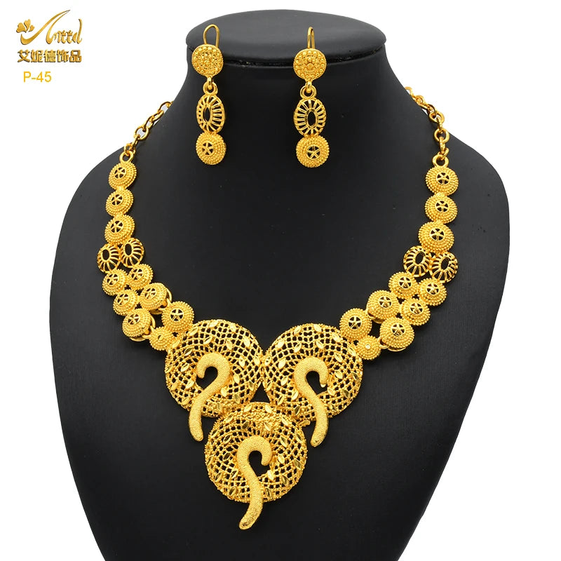 ANIID Luxury Ethiopian 24K Gold Color Necklace Earring Set For Women Arabic Nigerian Dubai Wedding Party Choker Set Gifts