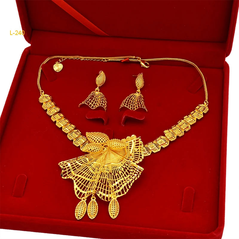 ANIID Luxury Ethiopian 24K Gold Color Necklace Earring Set For Women Arabic Nigerian Dubai Wedding Party Choker Set Gifts