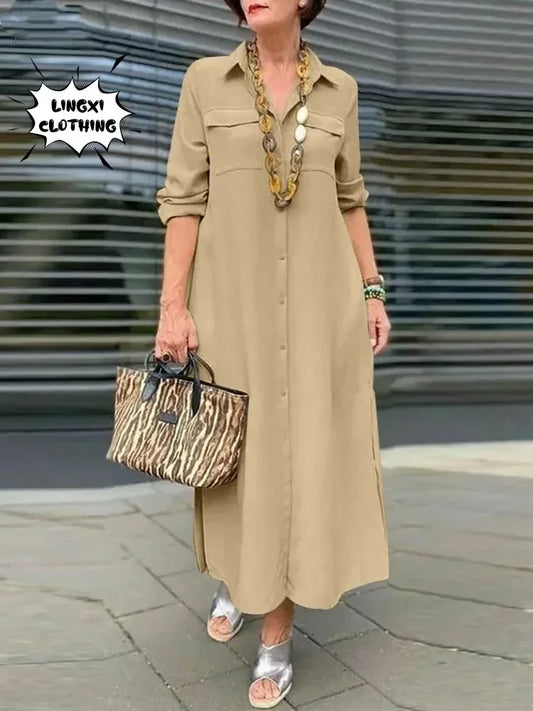 2024 Summer Fashion New Elegant Women's Loose Robe Style Flip Collar Single Breasted Solid Color Commuter Style Casual Dress