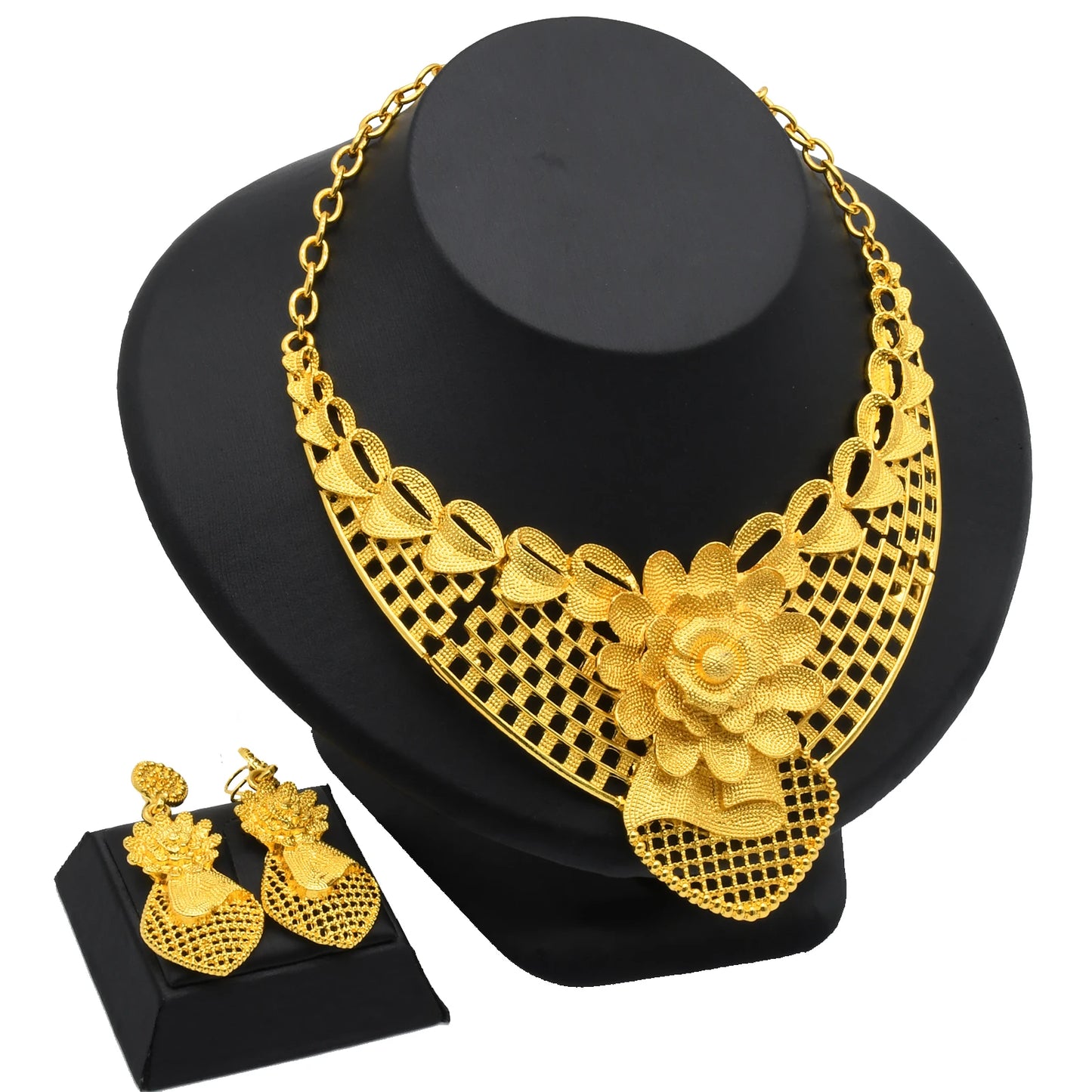 ANIID Luxury Ethiopian 24K Gold Color Necklace Earring Set For Women Arabic Nigerian Dubai Wedding Party Choker Set Gifts