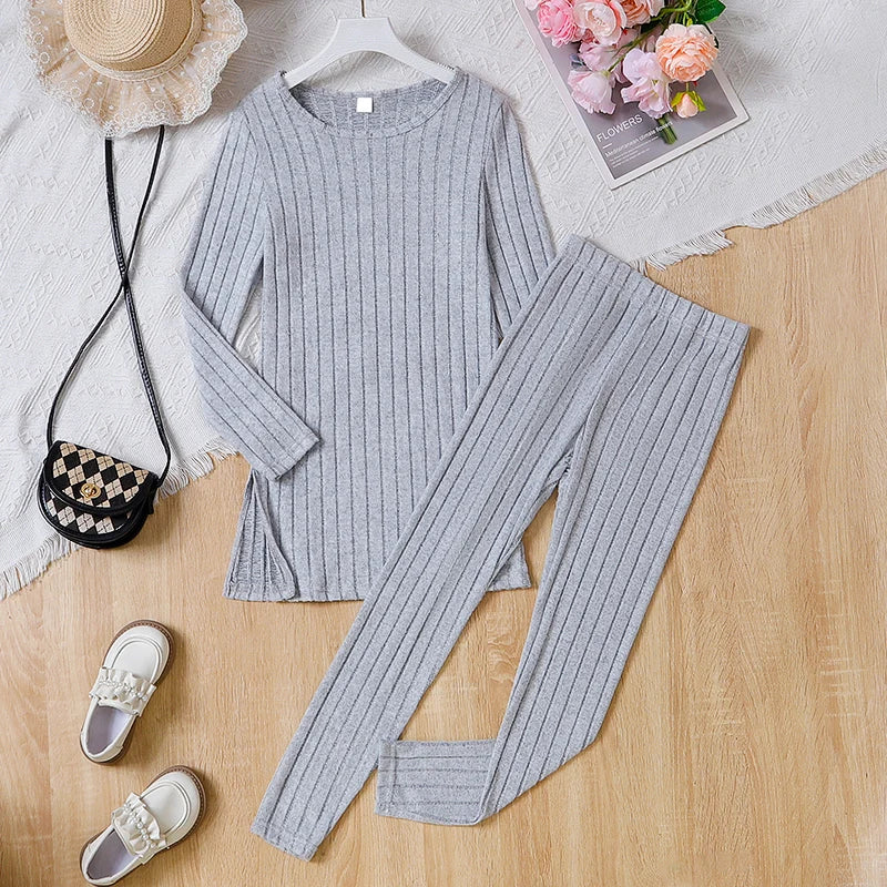 Two Piece Autumn And Winter Girl Cute Warm Round Neck Solid Color Knitted Long Sleeved Pants Princess Casual Party Dress