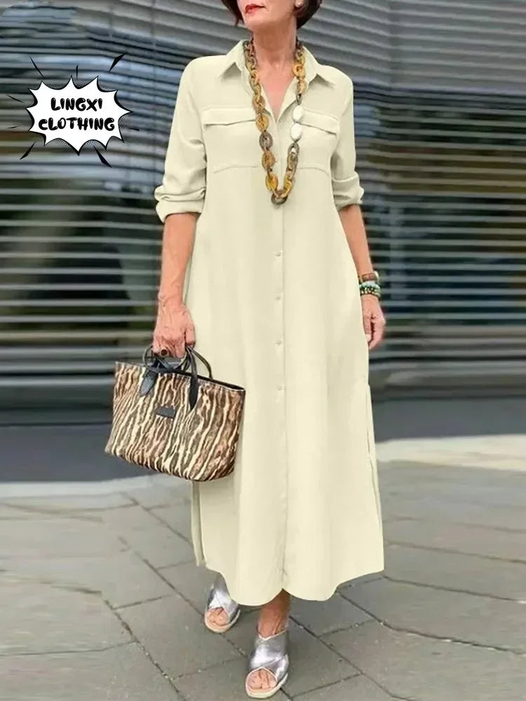 2024 Summer Fashion New Elegant Women's Loose Robe Style Flip Collar Single Breasted Solid Color Commuter Style Casual Dress