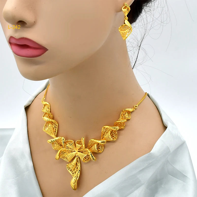 ANIID Luxury Ethiopian 24K Gold Color Necklace Earring Set For Women Arabic Nigerian Dubai Wedding Party Choker Set Gifts