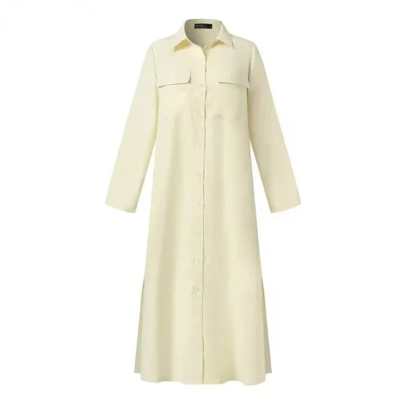 2024 Summer Fashion New Elegant Women's Loose Robe Style Flip Collar Single Breasted Solid Color Commuter Style Casual Dress