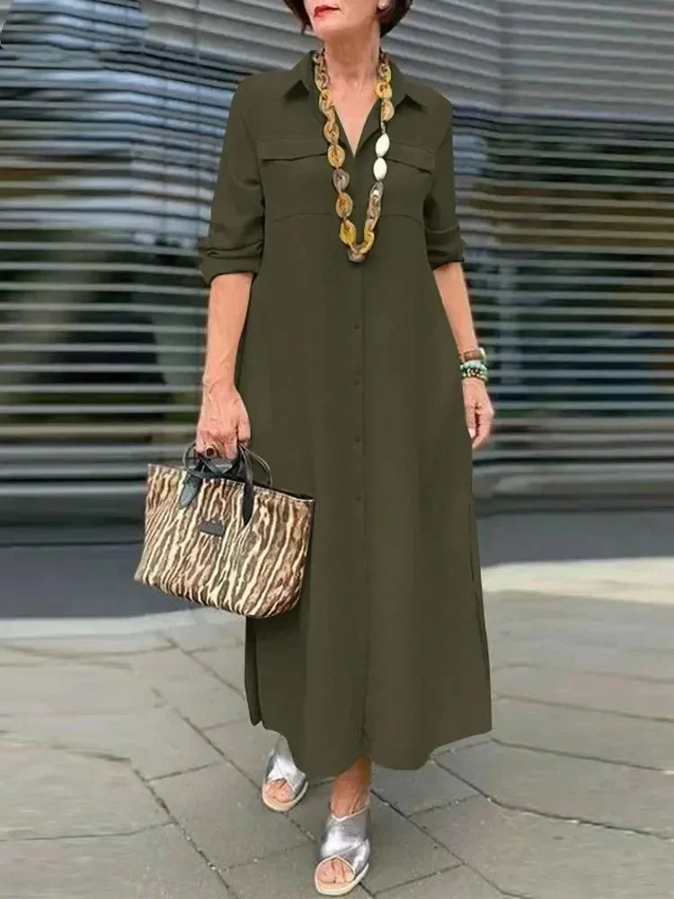 2024 Summer Fashion New Elegant Women's Loose Robe Style Flip Collar Single Breasted Solid Color Commuter Style Casual Dress