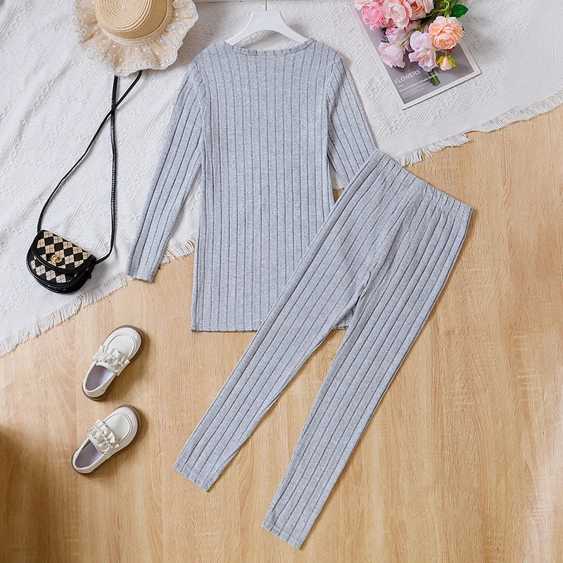 Two Piece Autumn And Winter Girl Cute Warm Round Neck Solid Color Knitted Long Sleeved Pants Princess Casual Party Dress