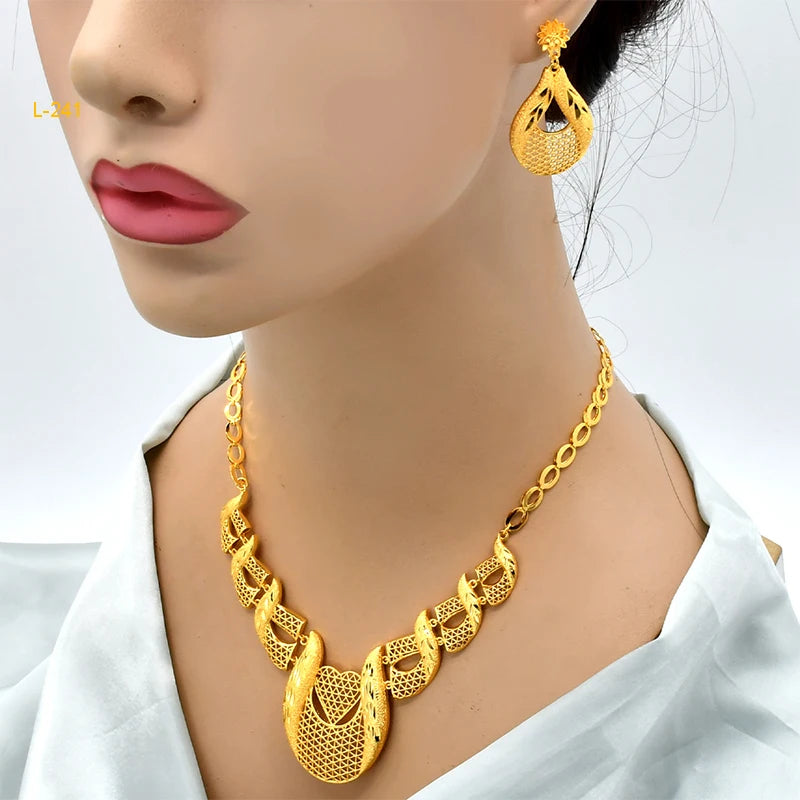 ANIID Luxury Ethiopian 24K Gold Color Necklace Earring Set For Women Arabic Nigerian Dubai Wedding Party Choker Set Gifts