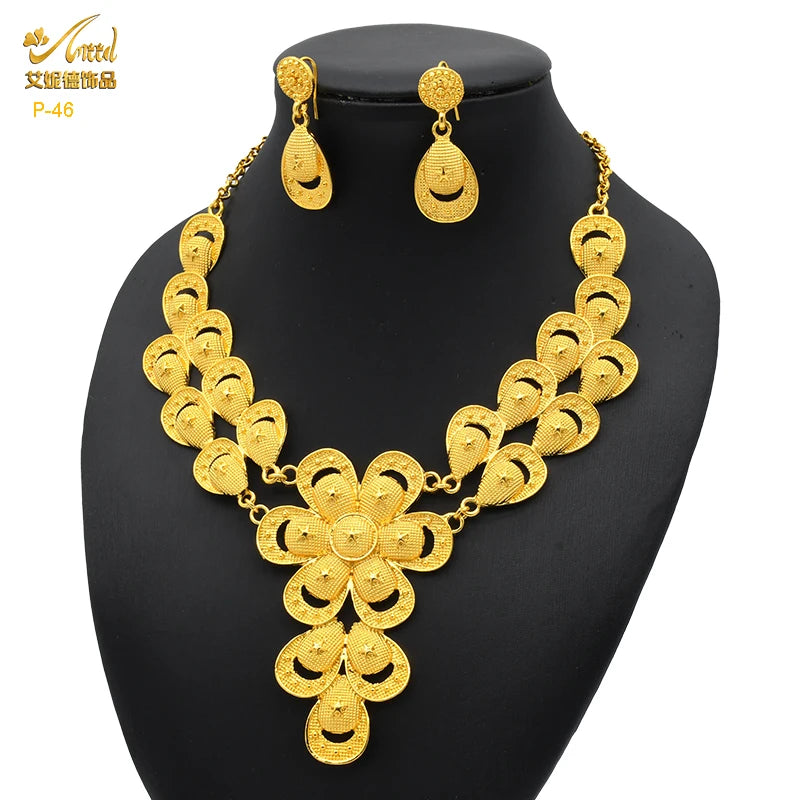 ANIID Luxury Ethiopian 24K Gold Color Necklace Earring Set For Women Arabic Nigerian Dubai Wedding Party Choker Set Gifts