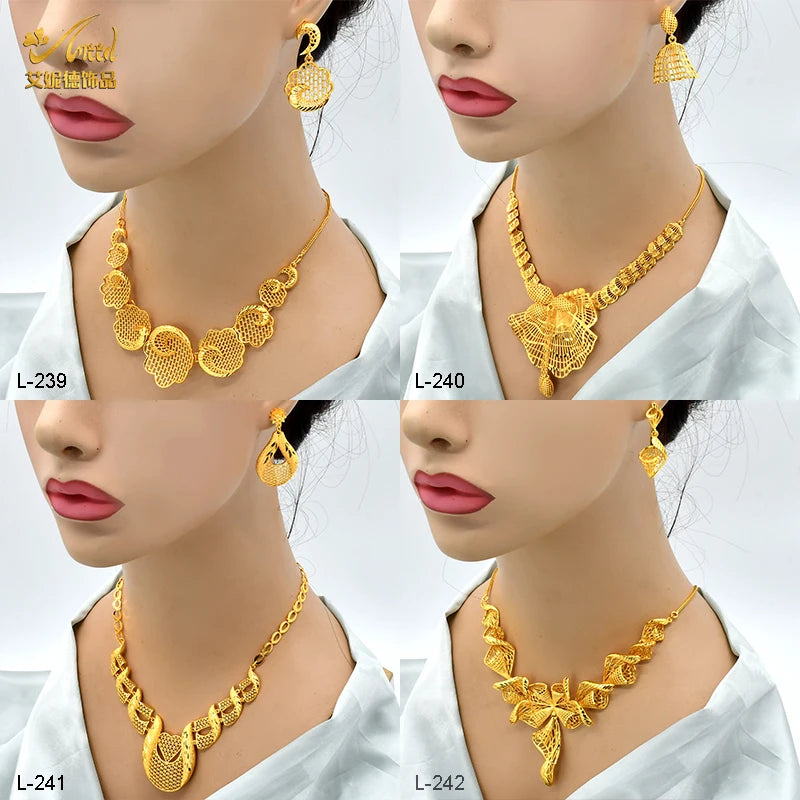 ANIID Luxury Ethiopian 24K Gold Color Necklace Earring Set For Women Arabic Nigerian Dubai Wedding Party Choker Set Gifts