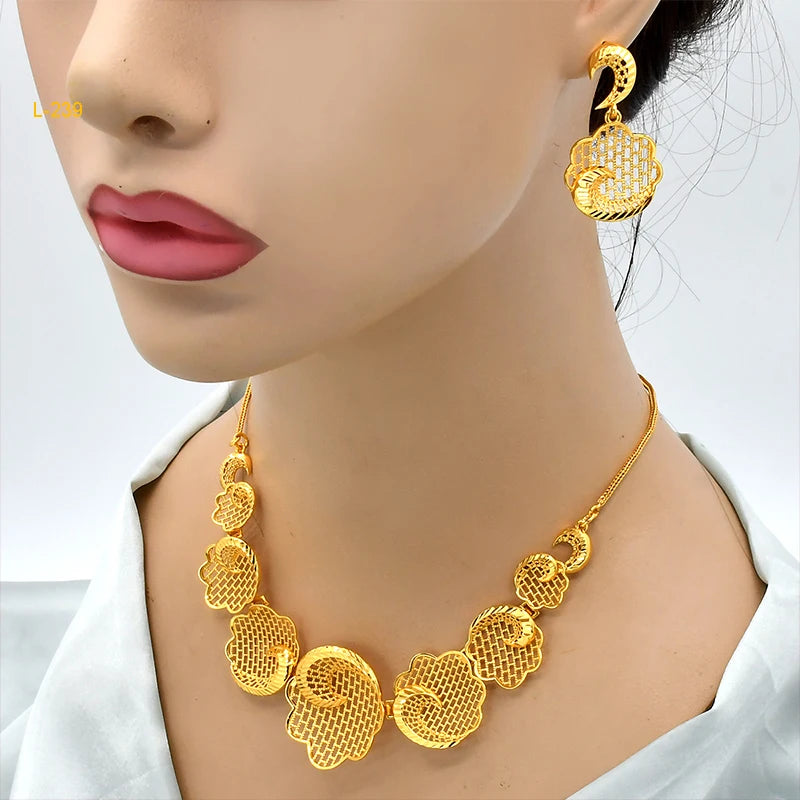 ANIID Luxury Ethiopian 24K Gold Color Necklace Earring Set For Women Arabic Nigerian Dubai Wedding Party Choker Set Gifts