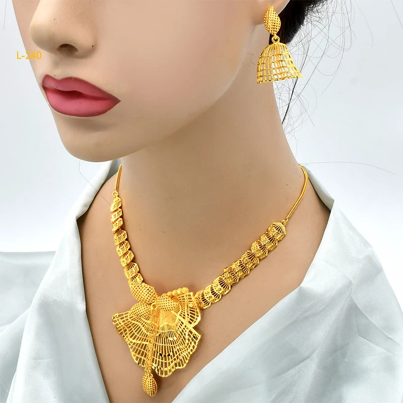 ANIID Luxury Ethiopian 24K Gold Color Necklace Earring Set For Women Arabic Nigerian Dubai Wedding Party Choker Set Gifts