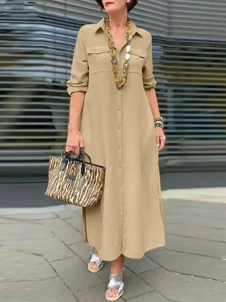 2024 Summer Fashion New Elegant Women's Loose Robe Style Flip Collar Single Breasted Solid Color Commuter Style Casual Dress