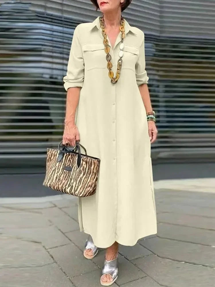 2024 Summer Fashion New Elegant Women's Loose Robe Style Flip Collar Single Breasted Solid Color Commuter Style Casual Dress